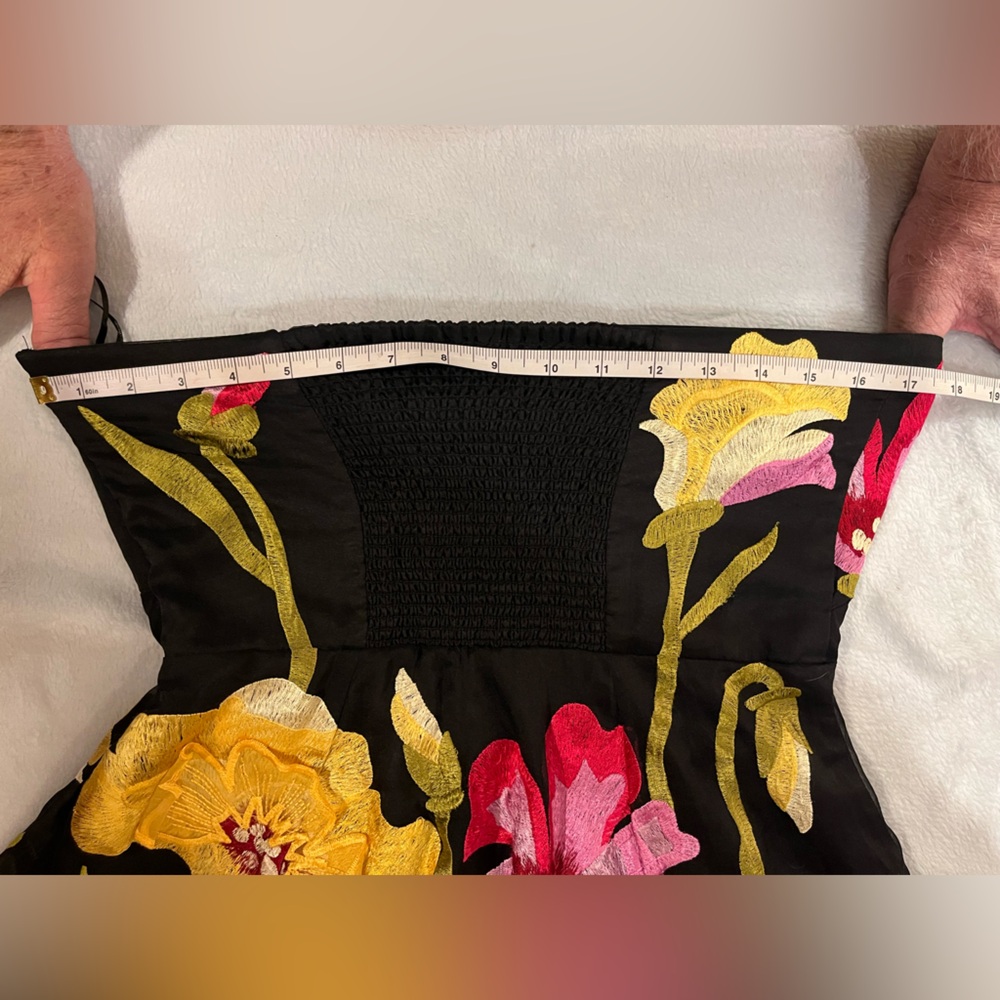 Anthropologie floral mini dress w/ 3D appliqué. Strapless. Black yellow pink. S - Picture 14 of 16